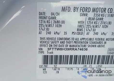 2024 Ford Maverick Xlt z USA, uszkodzony, nr VIN 3FTTW8H39RRA74636